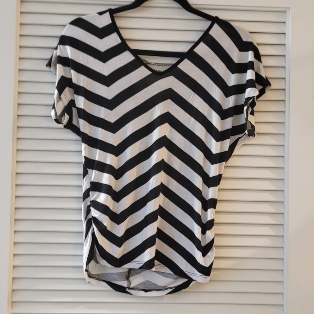 Black & White Striped Top With V-Neck Front & Back With Beads